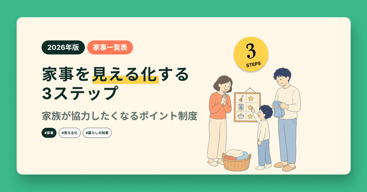 【家事一覧表】家事を見える化する3ステップ|家族が協力したくなるポイント制度